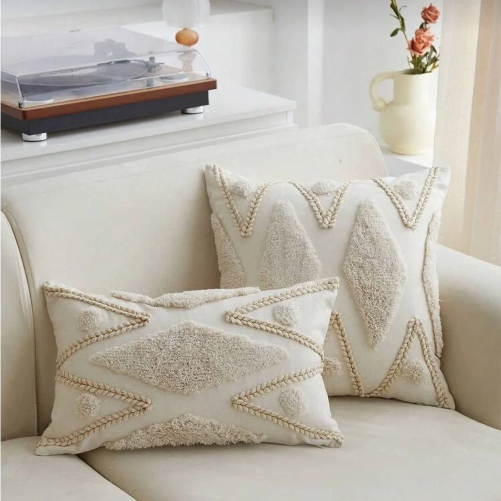 2-Piece Boho Textured Pillow Covers Set | Square + Lumbar | Neutral Decor